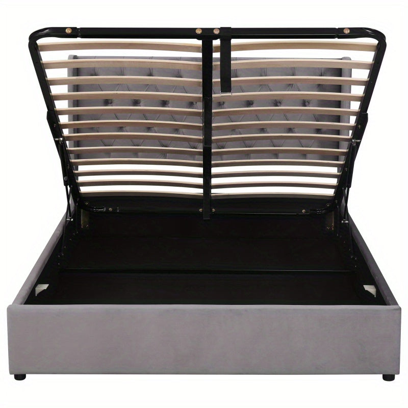 Packaged bed in the shape of a velvet double bed 140190 Hydraulic functional bed with slatted base and gray storage space