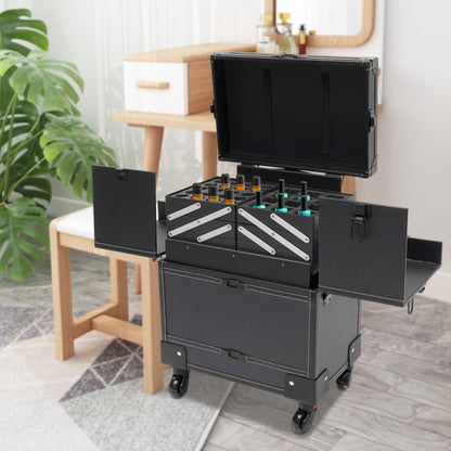 YIYIBYUS Professional Right-Angle Rolling Makeup Trolley - Durable PU Beauty Organizer with Multiple Compartments & Trays, Black Cosmetic Case for Makeup Artists, Nail Technicians, Hairdressers - Salon & Travel Use