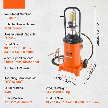 Pneumatische Vetpomp – Vetspuit – Vetpistool – Smeerwagen – Vetinjector – 12 Liter Inhoud – 50:1 Hogedruk Ratio