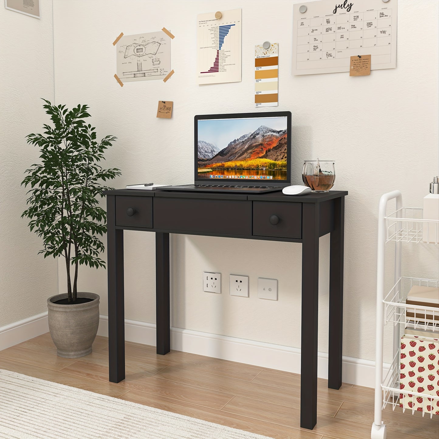 Make-up tafel – Kaptafel – Schminktafel – Vanity – Make-up bureau – Zwart hout – Ingebouwde Spiegel – Met lades