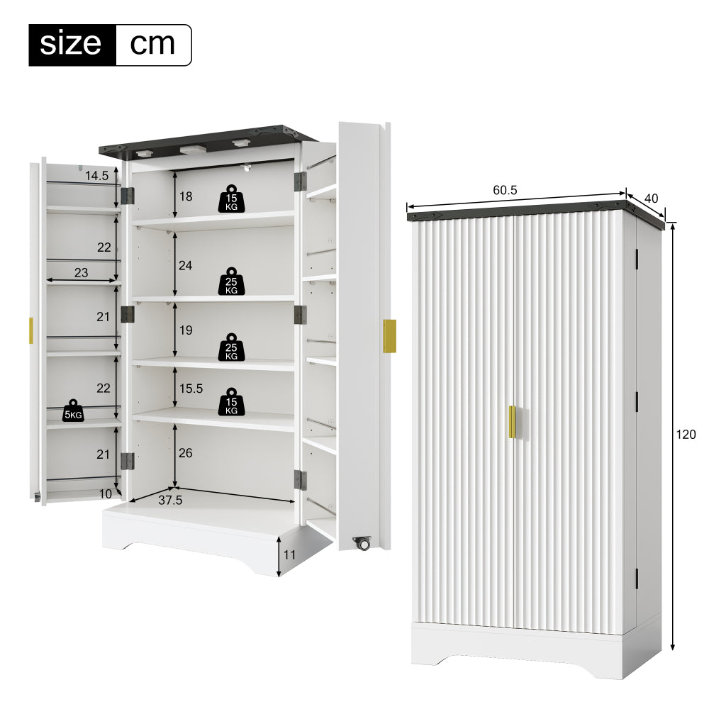 Modern White Metal Kitchen Cabinet with Spice Rack - Spacious Double Door Storage with Adjustable Shelves, Contemporary Design, 120x60.5x40cm, Durable Metal Construction for Kitchen Organization, Space-Saving Vertical Storage