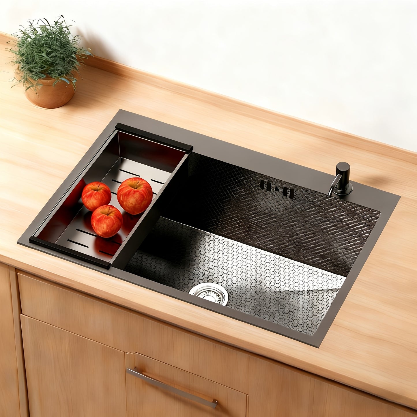 Zwarte Spoelbak Roestvrijstaal – Keukenspoelbak – Inbouwspoelbak – Onderbouwspoelbak – Enkele Bak – 80x50 cm – Geleverd Met Zeepdispenser & Afvoerbak – Mat Geborsteld Afgewerkt