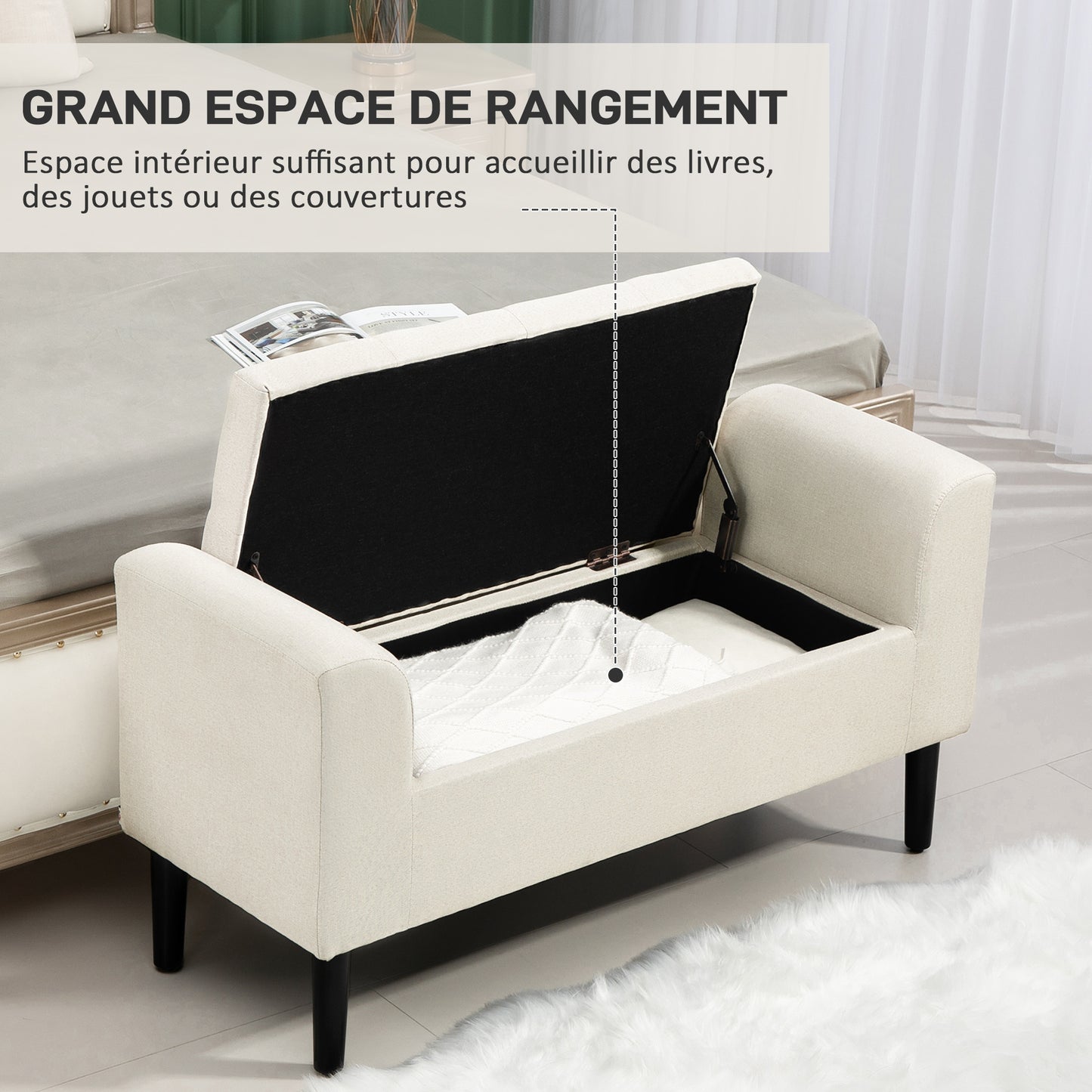 Opbergbank – Zetelbank – Slaapkamerbank – Woonkamerbank – Halbank – Beige Gestoffeerd – 130 Kg Draagkracht – 116 x 44 x 58 cm