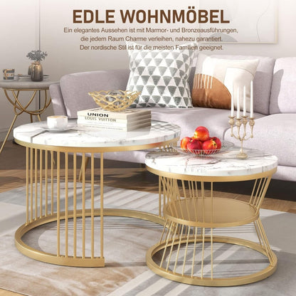 Lage Tafel Set – Bijzettafel – Salontafel – Side Table – Nesting Tafels – Wit Marmerlook – Metaalframe – Verstelbare Voetjes – Ruimtebesparend Design