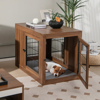 Hondenbench – Hondenkooi – Hondenkennel – Huisdierkooi – Hondenhok – 2-in-1 Zijtafel en Bench – Dubbele Afsluitbare Deuren – Comfortabel Schuimkussen – Bruin