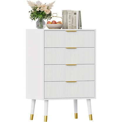 White Bohemian Dresser with Golden-Toned Legs & 4-Drawer Fluted Cabinet - Modern Small Chest of Drawers, ≥68.58cm Height, ≥3.2 Cu Ft Storage, Assembly Required for Bedroom,W Office - Versatile Furniture Organizer, Dresser