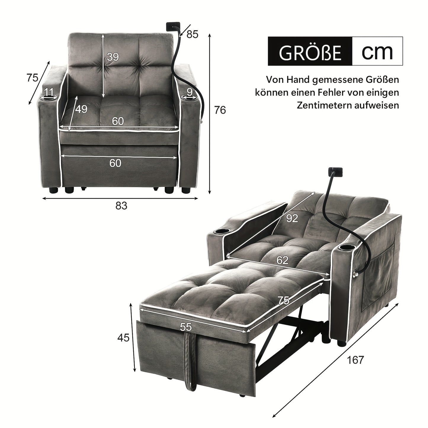 Stoelbed – Sofa Bed – Slaapstoel – Fauteuil – Ligstoel – Multifunctioneel 3-in-1 Design – Compact 83x167x76 cm – Stijlvolle Velvet Bekleding