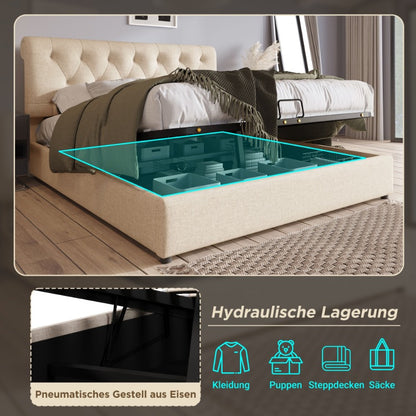 Hydraulisch Tweepersoonsbed – Verstelbaar Bedframe – Bed met Opbergruimte – Metalen Lattenbodem – Matras Inclusief – 160x200 cm – Moderne Natuurlijke Stijl – Verstelbare Hoofdbord