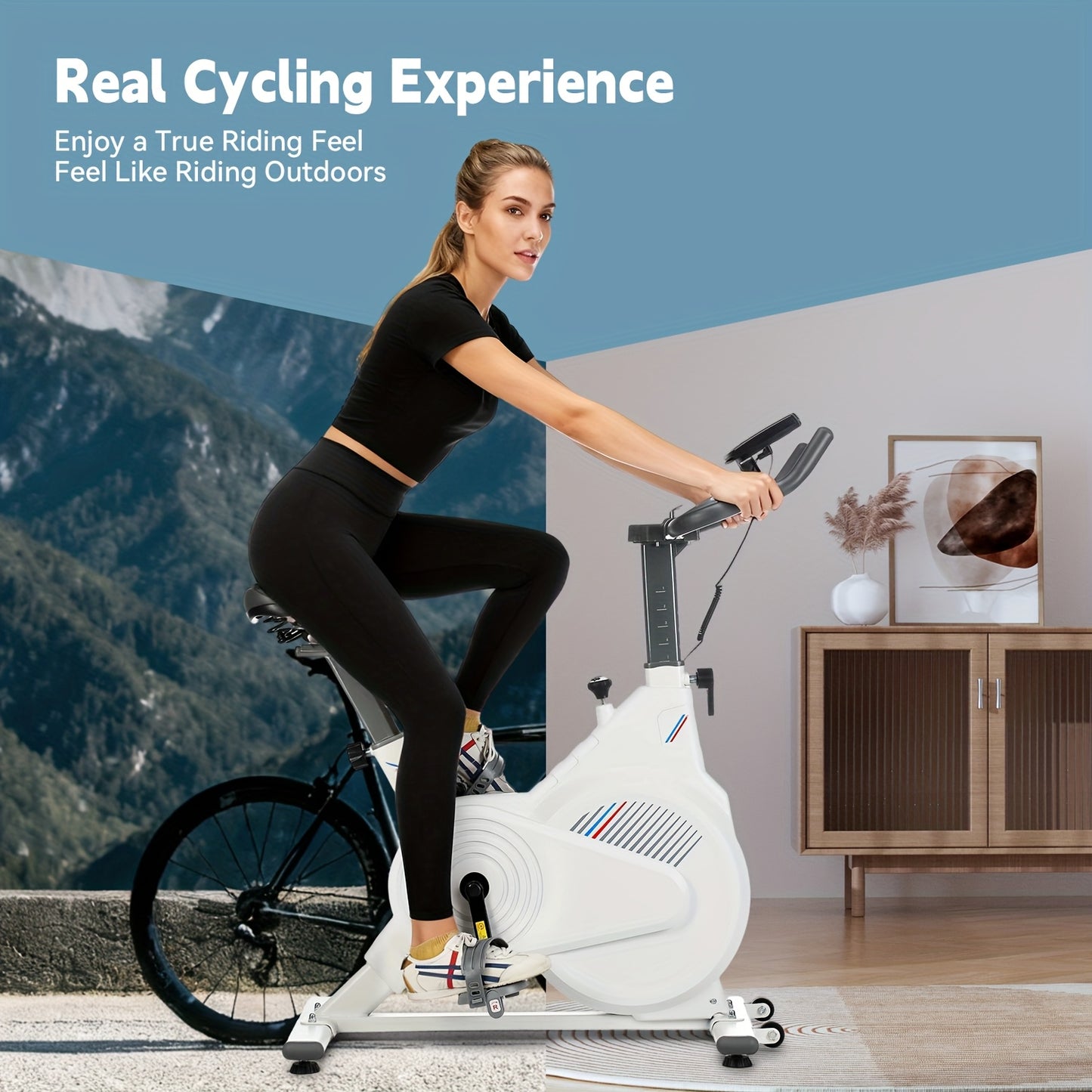 White Stationary Exercise Bike Shock-Absorbing Design PP Pedals + Phone Holder + Standard Seat Heart Rate Monitoring Multi-Function Display Max Load 150kg