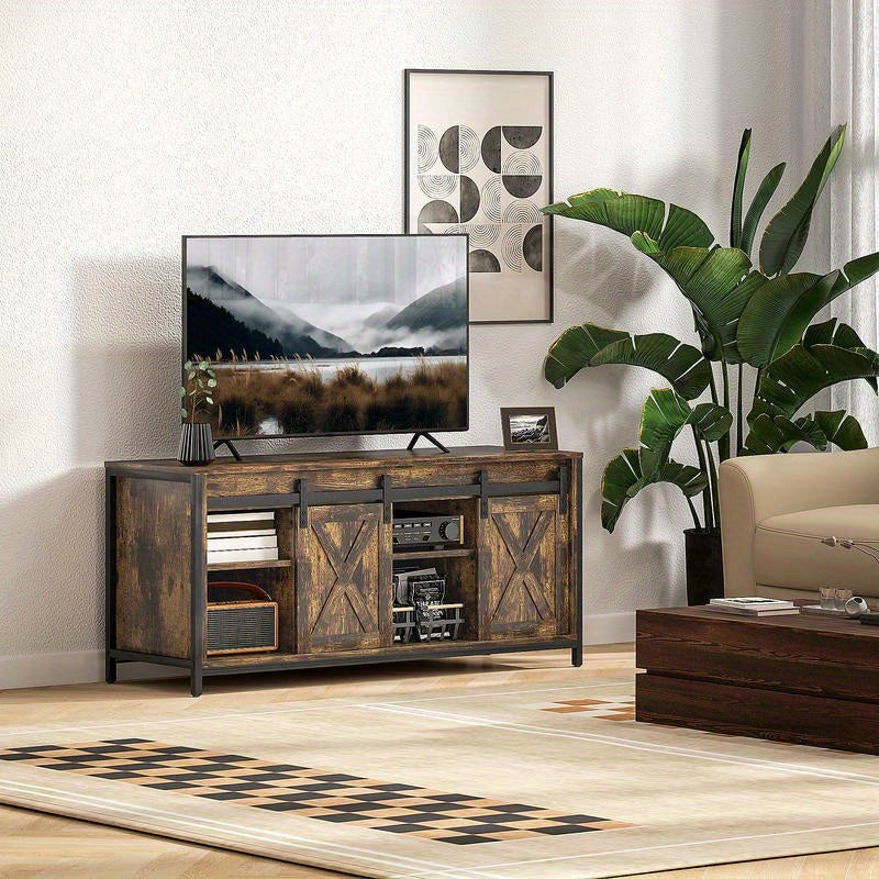 Tv-meubel – Tv-standaard – Tv-kast – Media Console – Tv-dressoir – Industrieel Modern – Houten Massief Hardhout – 6 Vakken Met Schuifdeuren