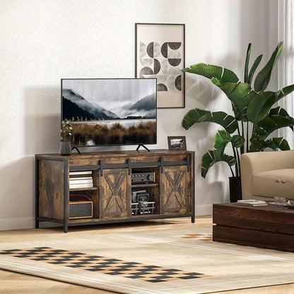 Tv-meubel – Tv-standaard – Tv-kast – Media Console – Tv-dressoir – Industrieel Modern – Houten Massief Hardhout – 6 Vakken Met Schuifdeuren