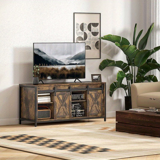 Tv-meubel – Tv-standaard – Tv-kast – Media Console – Tv-dressoir – Industrieel Modern – Houten Massief Hardhout – 6 Vakken Met Schuifdeuren