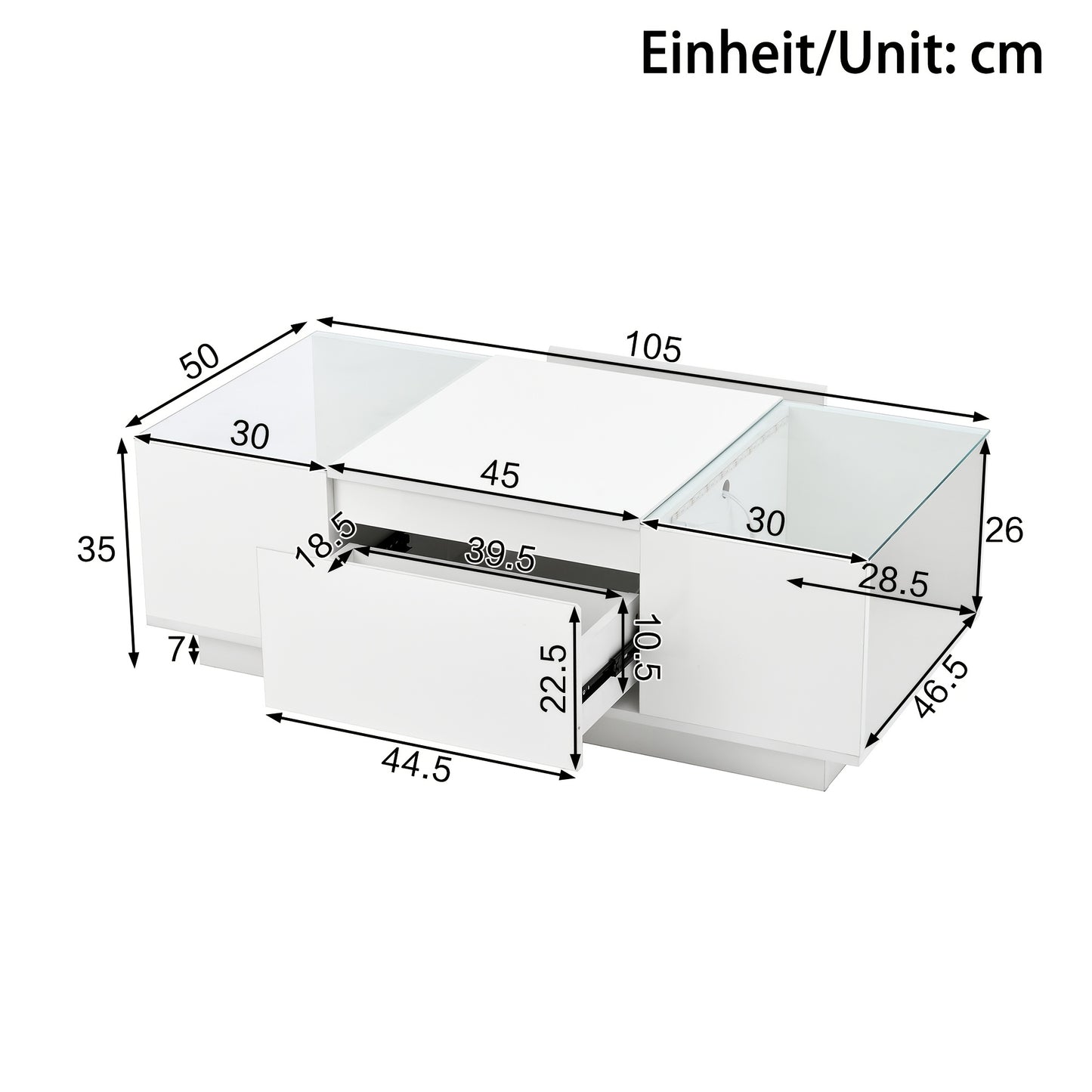 Modern Minimalist Large Coffee Table with Glass Top & Storage - White Frame, 2 Drawers, Easy Assembly, 105cm (40.5") Square Table, Metal for, Beige -Friendly Furniture - No Wood, Low-Maintenance