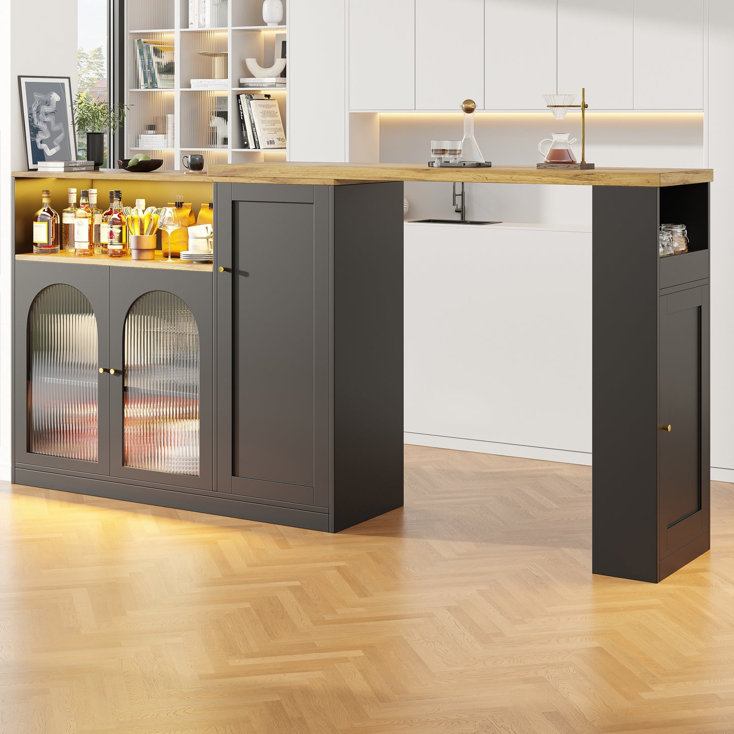 Buffetkast – Opbergkast – Keukenkast – Sideboard – Wijnkast – 360° Draaibaar Ontwerp – 198 x 39,6 x 97 cm – Glazen Deuren met Lades