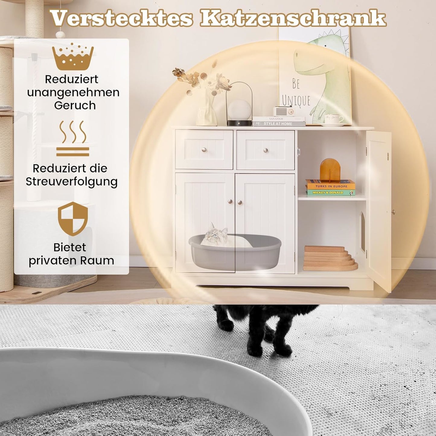 kattenbakhuisje – kattenbakombouw – kattenhuisje – kattenmeubel – kattenbakkast – met 2 laden en kast – ruime verborgen achterkant – stevig bovenblad 20 kg draagkracht
