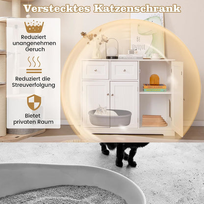 kattenbakhuisje – kattenbakombouw – kattenhuisje – kattenmeubel – kattenbakkast – met 2 laden en kast – ruime verborgen achterkant – stevig bovenblad 20 kg draagkracht