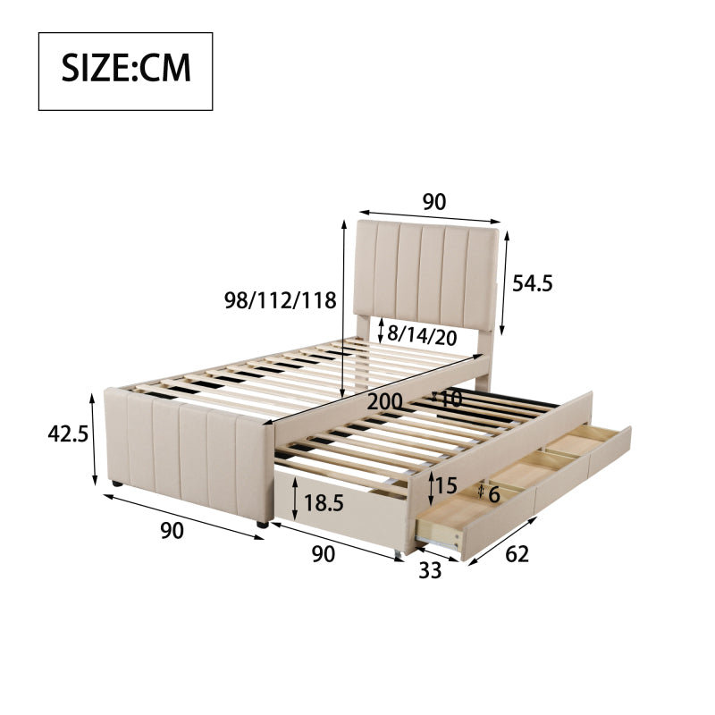Hoogslaper – Kinderbed – Stapelbed – Zolderbed – Eenpersoonsbed – Linnen Bekleding Licht Beige – Uitschuifbaar Tweelingbed Met Opberglades – MDF En Metaal Frame