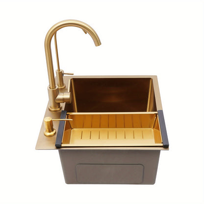 Gouden Keukenspoelbak – Spoelbak RVS – Keukenspoelbak Enkel – Ondermontage Spoelbak – Opbouwspoelbak – 50x45 cm Grootte – Anti-Corrosie Nano-Coating & Geluiddempend Matje
