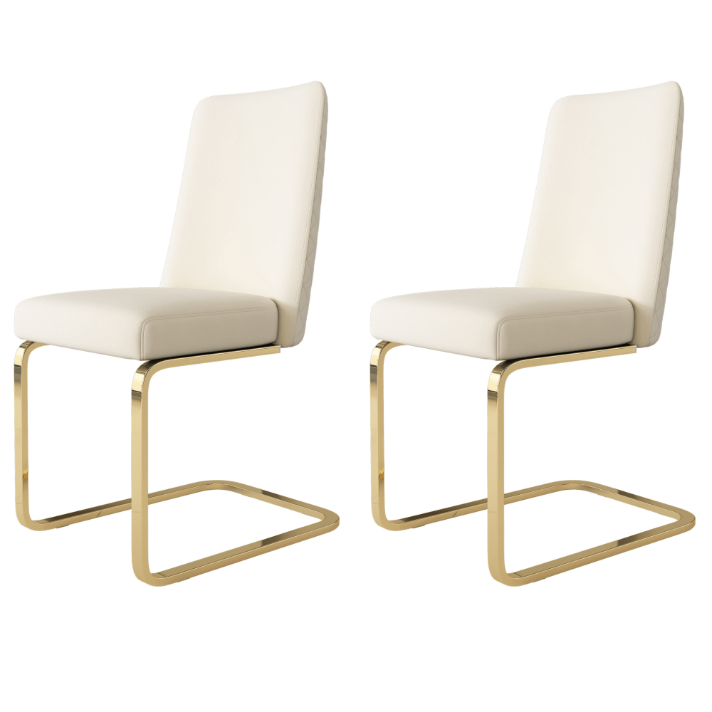 Eetkamerstoel – Stoel – Kuipstoel – Woonkamerstoel – Luxe Stoel – Set van 2 – Beige Velvet – Diamantpatroon Rugleuning – Gouden Metalen Poten