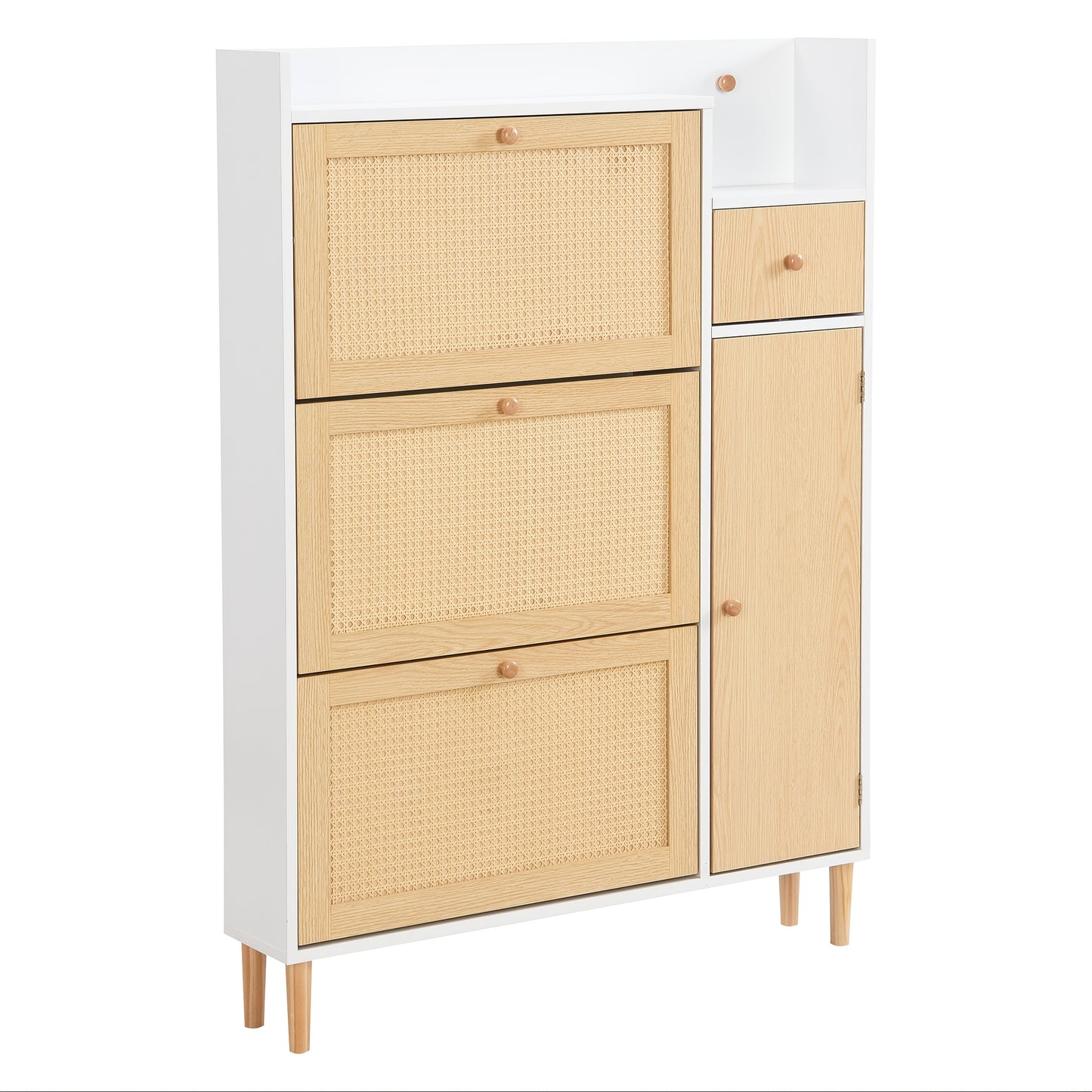 Schoenenkast – Schoenenrek – Schoenenopberger – Schoenenmeubel – Schoenenkastje – Smal Design – MDF en Massief Hout – 90x125x17 cm – 3 Kantelbare Deuren en Lade – Natuurlijk Houtlook
