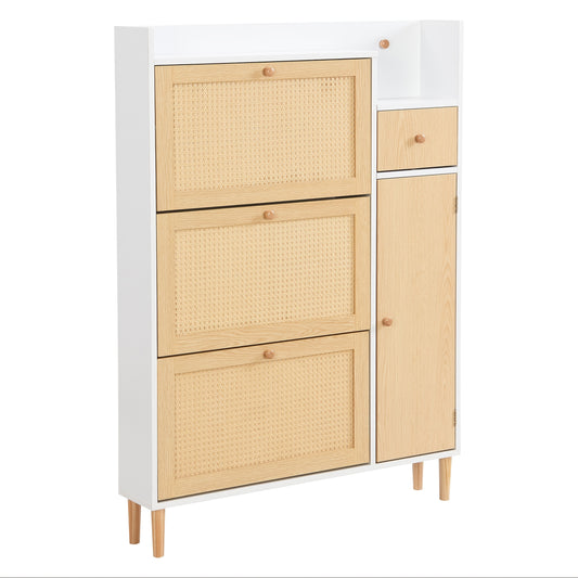 Schoenenkast – Schoenenrek – Schoenenopberger – Schoenenmeubel – Schoenenkastje – Smal Design – MDF en Massief Hout – 90x125x17 cm – 3 Kantelbare Deuren en Lade – Natuurlijk Houtlook