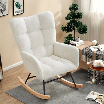 Schommelstoel – Schommelstoel Wonen – Schommelstoel Slaapkamer – Schommelstoel Met Hoge Rugleuning – Witte Schommelstoel – Stevig Metalen Frame – Comfortabele Hoge Rugleuning