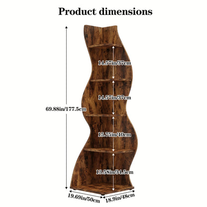 Boekenplank – Boekenkast – Wandplank – Boekenrek – Opbergrek – Golvend Modern Design – 5 Ruime Planken – Massief Hout & MDF – Vrijstaand Retro Bruin