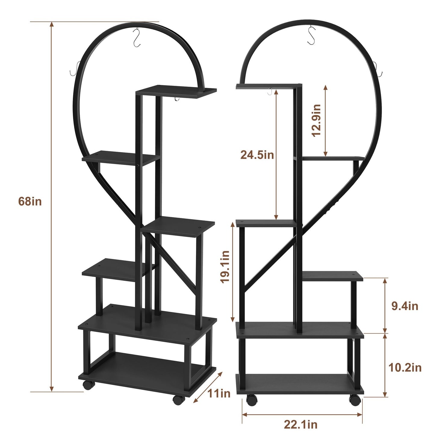 Plantenrek – Plantenstandaard – Plantentafel – Plantenrekken – Bloemenrek – 2 stuks 6 niveaus – Met laden en afneembare wieltjes – Stevig metalen half-hartvormig design