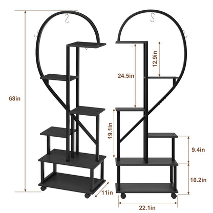 Plantenrek – Plantenstandaard – Plantentafel – Plantenrekken – Bloemenrek – 2 stuks 6 niveaus – Met laden en afneembare wieltjes – Stevig metalen half-hartvormig design