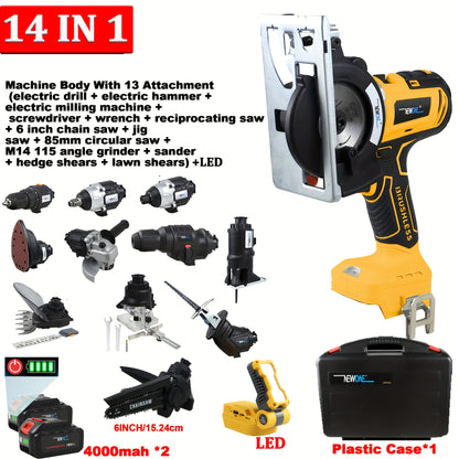 18V Draadloze Multitool – Boormachine – Decoupeerzaag – Cirkelzaag – Kettingzaag – 14-in-1 Combo Set – 2 x 4.0Ah Lithium Batterijen – Borstelloze Motor – Geel