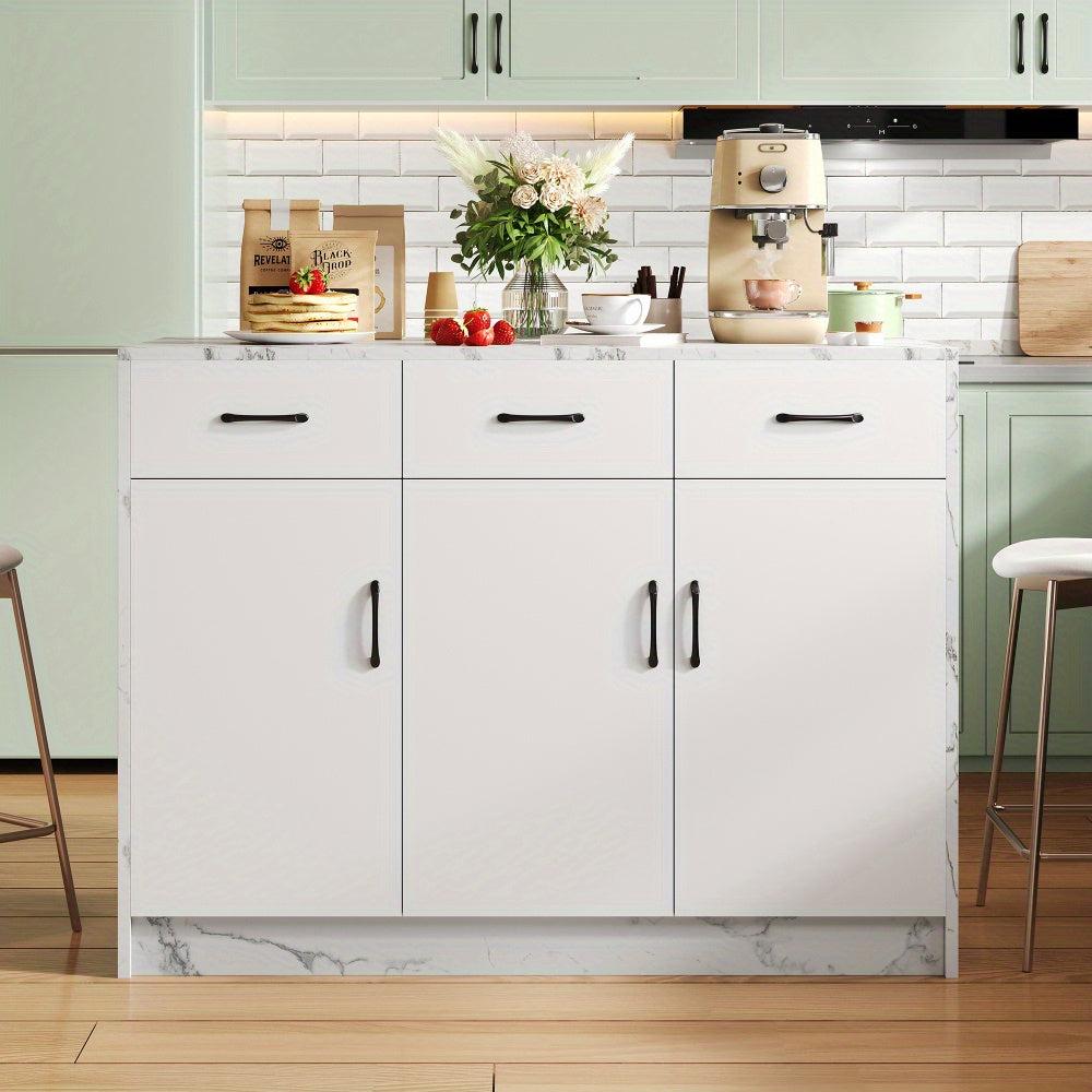 Large White Marble Kitchen Island with 3 Drawers & 3 Doors, Adjustable Shelves & Silent Closing Mechanism - Heavy-Duty Metal Construction, Marble Countertop, Bar Height Design, 120x60x90.5cm - Modern Floor-Standing Storage Ca