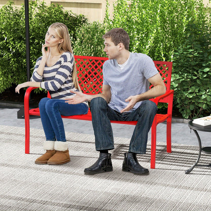 Tuinbank – Buitenbank – Tuinmeubel – Parkbank – Bankje – Metaal – 127 cm Lang – Rood – Slatted Zitting – Ergonomische Armleuningen