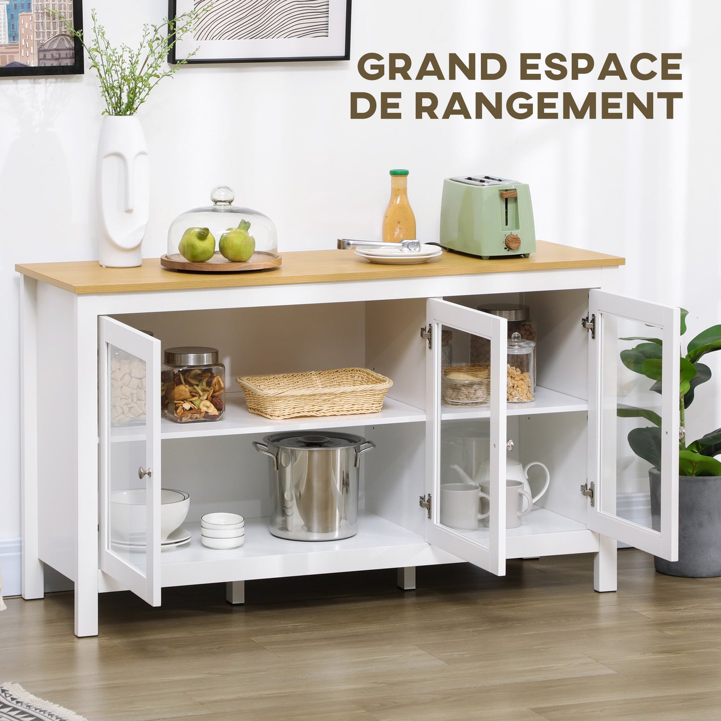 Opbergkast – Dressoir – Buffettafel – Kast met Deuren – Wit – 3 Glazen Deuren – 2 Verstelbare Planken – Licht Houten Blad – 120x40x70 cm