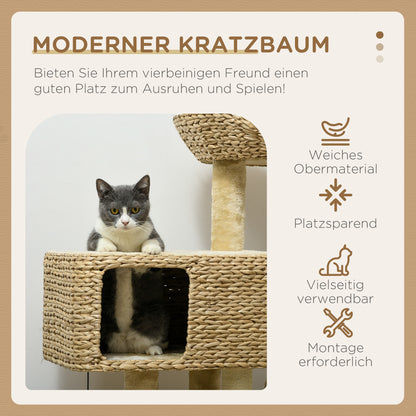 Krabpaal – Kattenkrabpaal – Kattenboom – Krabmeubel – Kattenhuis – Sisal Touw – Compact 60x40x98 cm – Inclusief Kattenhol en Ligbed