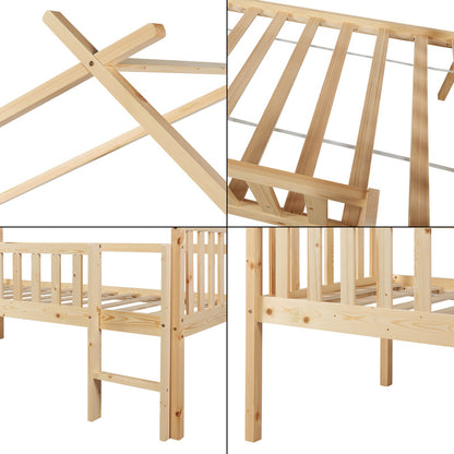 Bedframe Kinderbed Kinderbedje Huisbed Houten Bed – 90x200 cm – Valbeveiliging – Massief Dennenhout