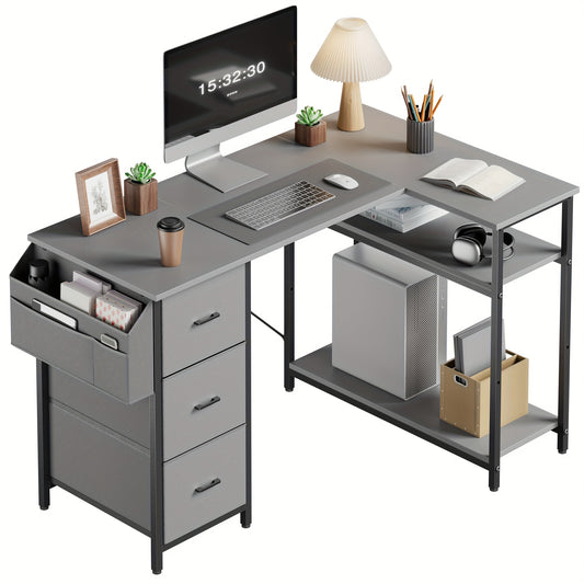 Bureau – Bureautafel – Computertafel – Hoekbureau – Kantoorbureau – L-vormig – 140 cm Breed – 3 Stoffen Lades & Grote Opbergtas – Fiberboard & Stevig X-Balk