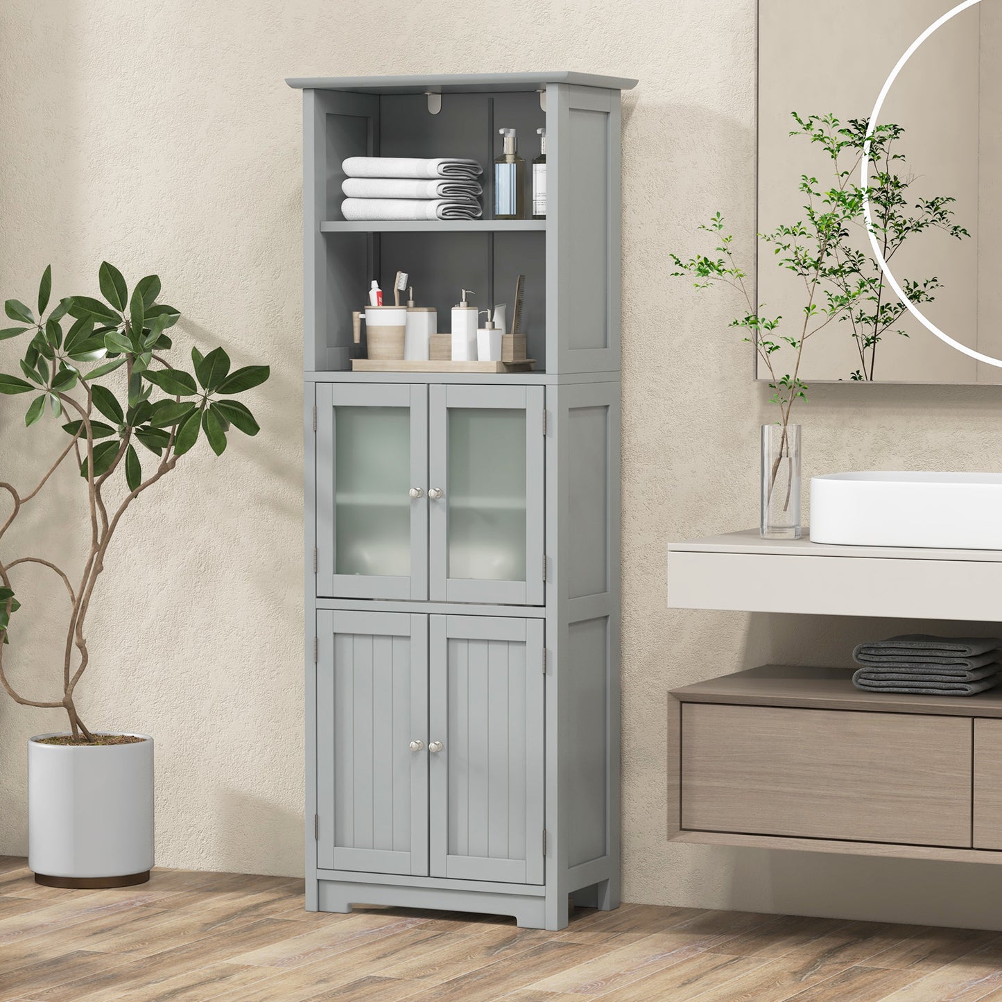 Badkamerkast – Badkamermeubel – Opbergkast – Kolomkast – Kast Met Glazen Deuren – 2 Open Planken – MDF & Gehard Glas – 60x30x163 cm – Grijs
