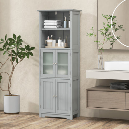 Badkamerkast – Badkamermeubel – Opbergkast – Kolomkast – Kast Met Glazen Deuren – 2 Open Planken – MDF & Gehard Glas – 60x30x163 cm – Grijs