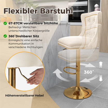 Barstoel – Barkruk – Keukenkruk – Stoel Met Rugleuning – Draaiende Kruk – Verstelbare Zithoogte 67-87 cm – Luxe Beige Fluwelen Bekleding