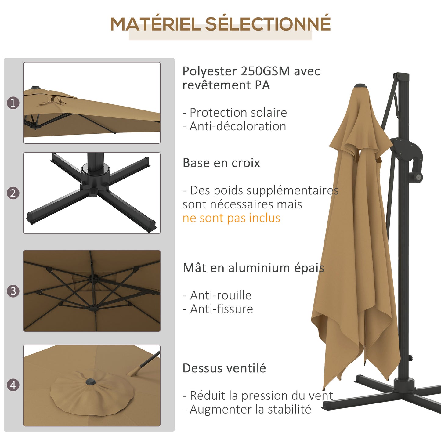 Zweefparasol – Hangparasol – Tuinparasol – Terrasparasol – Parasoldoek – 360° Draaibaar Met Hydraulisch Systeem – UV-bestendig Polyester 3x2,6m Met Aluminium Frame