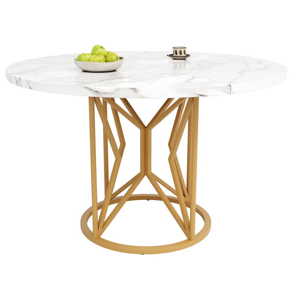 Ronde Eettafel – Dinertafel – Keukentafel – Tafel Rond – Eetkamertafel – Marmerlook Blad – Stevige Metalen Poten – 100 cm Diameter – Onderhoudsvriendelijk – Direct Gebruiksklaar – Gouden Accenten