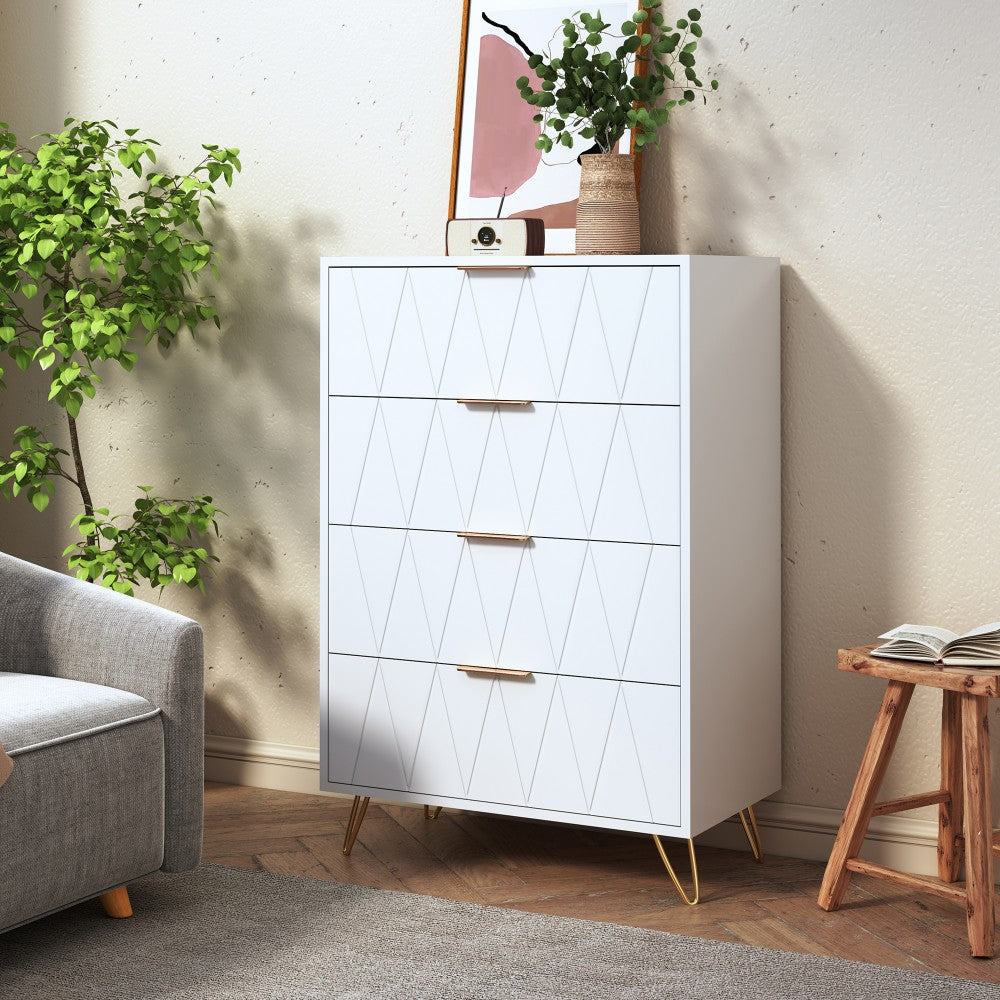 6-Ladenkast – Ladekast – Opbergkast – Ladeblok – Bureaukast – Scandinavisch Design – Wit Met Gouden Accenten – 60x34x90 cm – MDF En Massief Hout