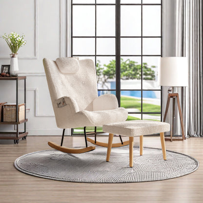 Schommelstoel – Relaxstoel – Leunstoel – Loungefauteuil – Voetenbank – Zachte Memory Foam Bekleding – Ergonomisch Houten Frame – Wit