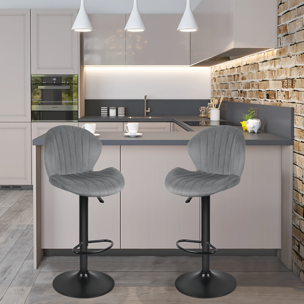 2 Velvet Bar Stools with Shell-Shaped Backrest & Footrest | Small Apartment Bar Stools Space-Saving Swivel Design| Heavy-Duty 150kg Capacity Commercial Grade Stools | Art Deco Shell Backrest Curved Ergonomic Support