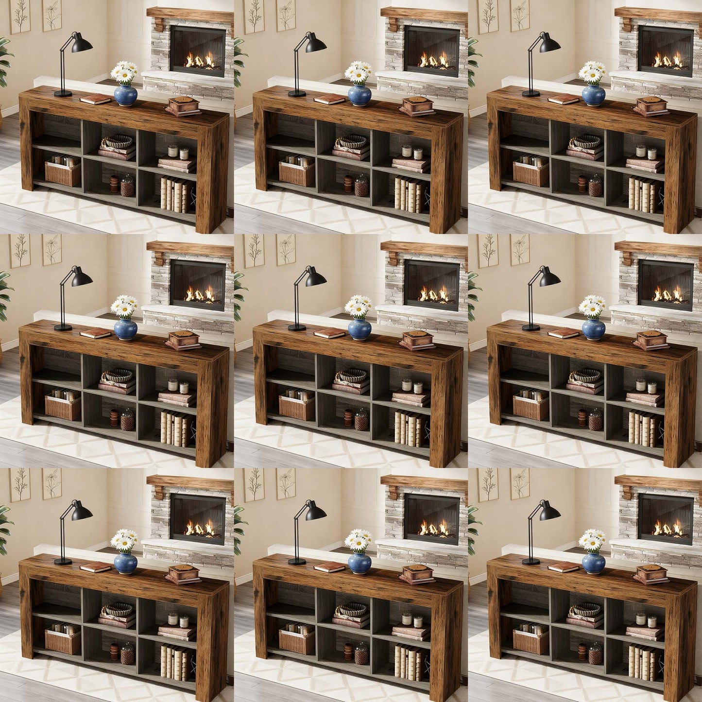 Console tafel – sidetable – haltafel – dressoir – opbergkast – Bruin en zwart – 160 cm lang – 6 open opbergvakken – massief hardhout en geperst hout – smal ontwerp