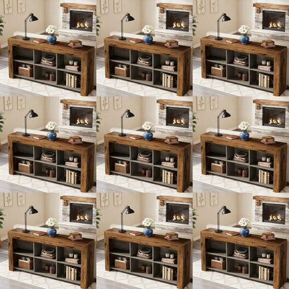 Console tafel – sidetable – haltafel – dressoir – opbergkast – Bruin en zwart – 160 cm lang – 6 open opbergvakken – massief hardhout en geperst hout – smal ontwerp