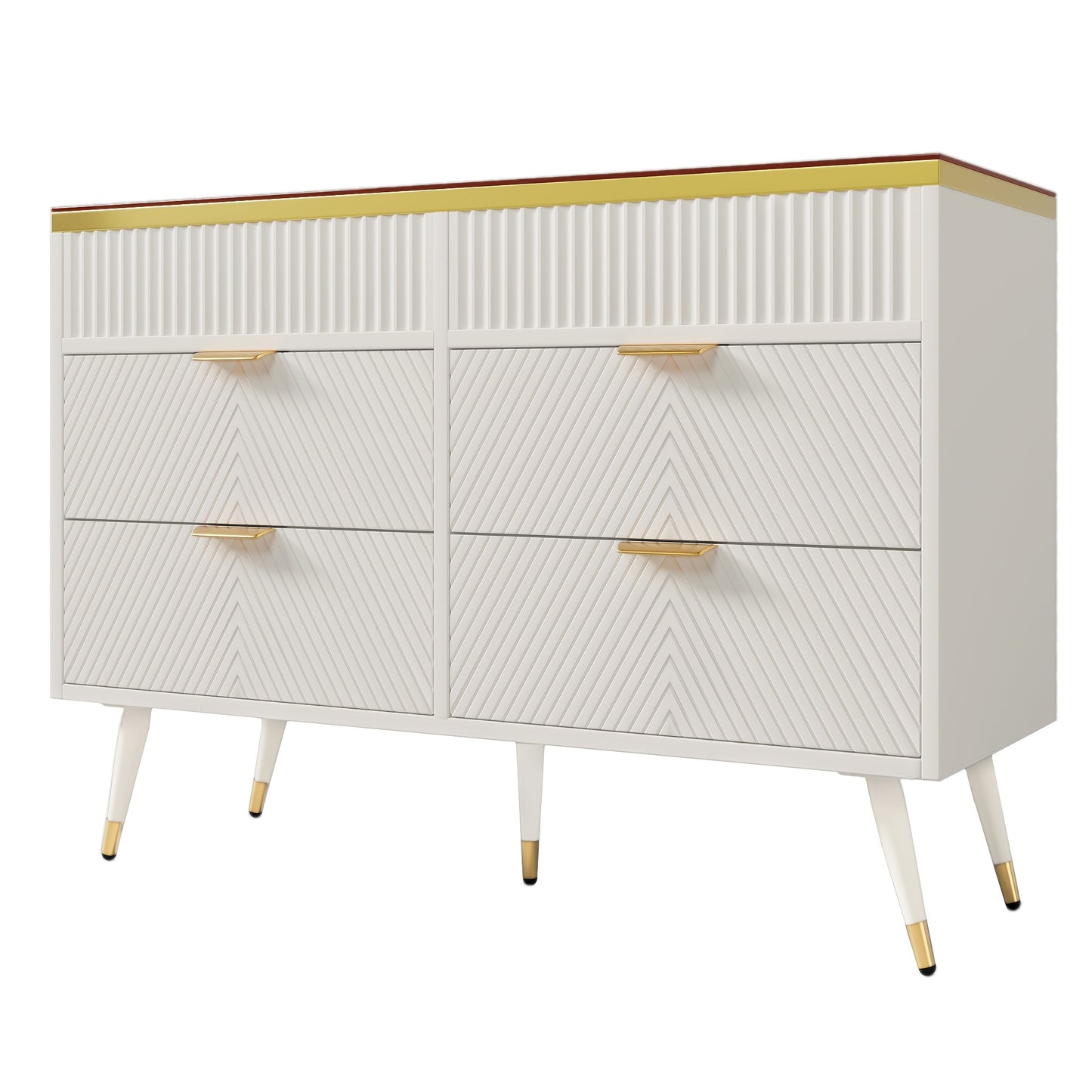 Ladekast – Kast – Commode – Opbergmeubel – Ladenkast – Wit met Amber Glas – Hardhouten Constructie – 6 Lades met Indeling – Anti-Kantel Veiligheid – 47,2 Kubieke Voet Opslag – 120 cm Hoog