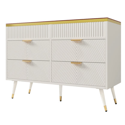 Ladekast – Kast – Commode – Opbergmeubel – Ladenkast – Wit met Amber Glas – Hardhouten Constructie – 6 Lades met Indeling – Anti-Kantel Veiligheid – 47,2 Kubieke Voet Opslag – 120 cm Hoog