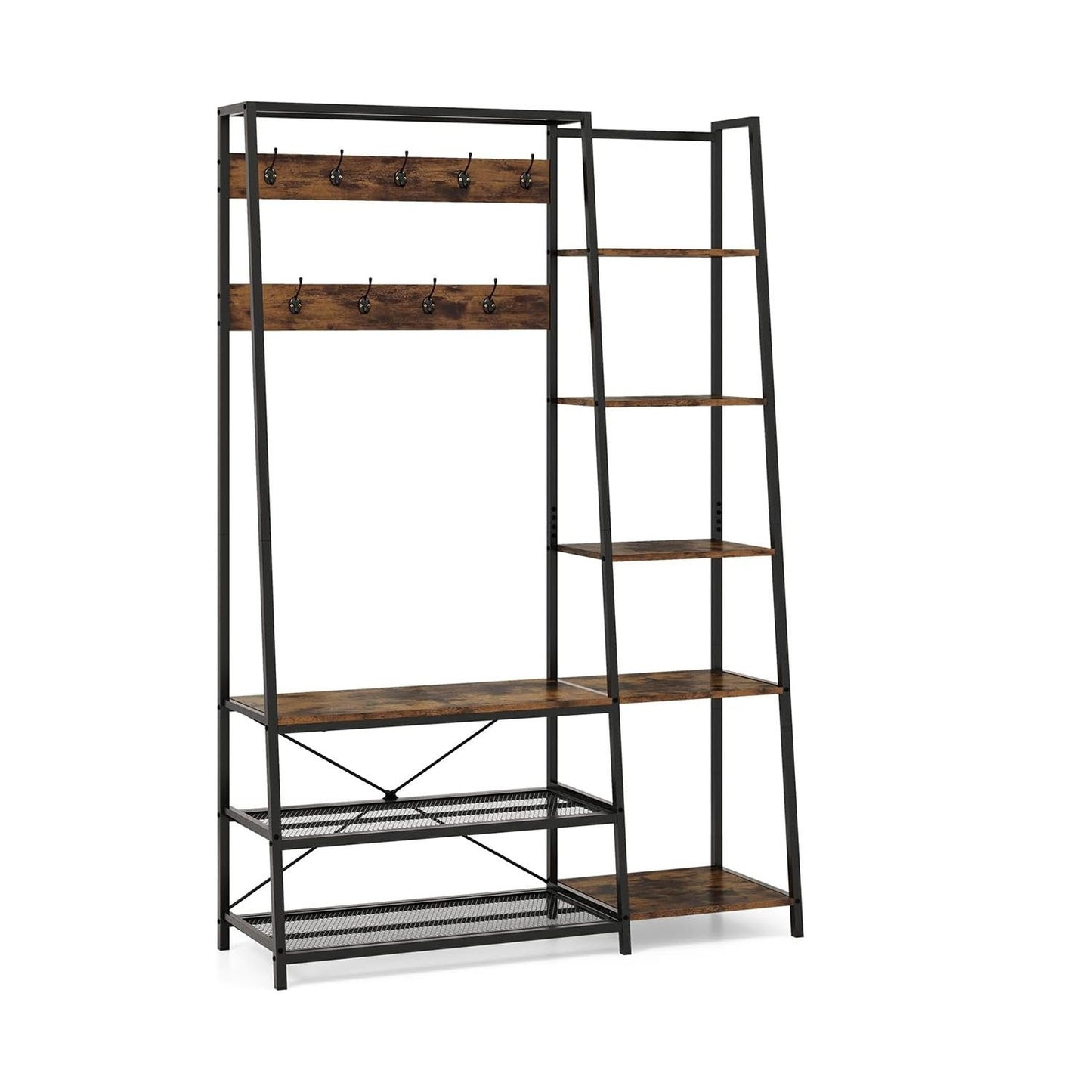 5-In-1 Schoenenrek – Schoenenbank – Kapstok – Opbergmeubel – Entree-Organizer – Stevig Metalen Frame – 9 Haken & 5 Planken – Zwart Met Houtkleur