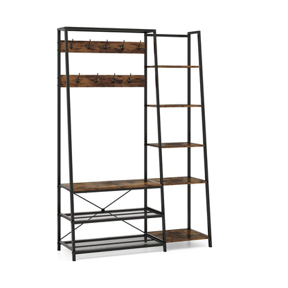 5-In-1 Schoenenrek – Schoenenbank – Kapstok – Opbergmeubel – Entree-Organizer – Stevig Metalen Frame – 9 Haken & 5 Planken – Zwart Met Houtkleur